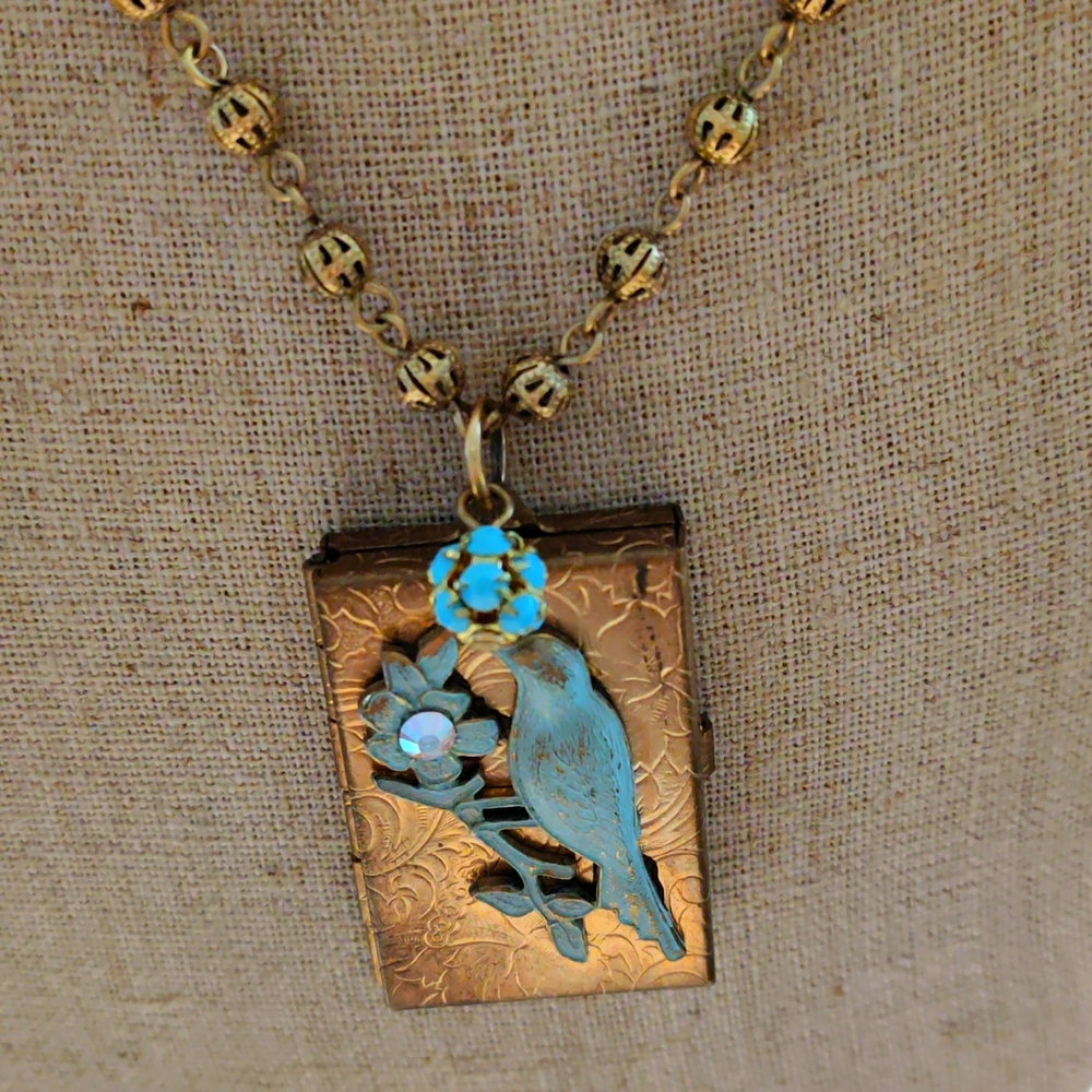 Vintage Antique Lenora Dame bird and flower locket necklace